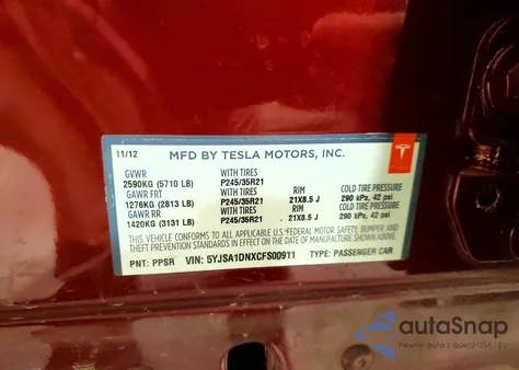 2012 Tesla Model S z USA, uszkodzony, nr VIN 5YJSA1DNXCFS00911